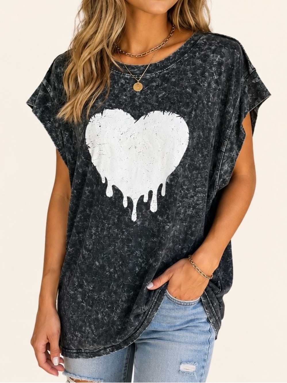 Promesa Acid Wash Dripping Heart Oversized Tee M NWOT